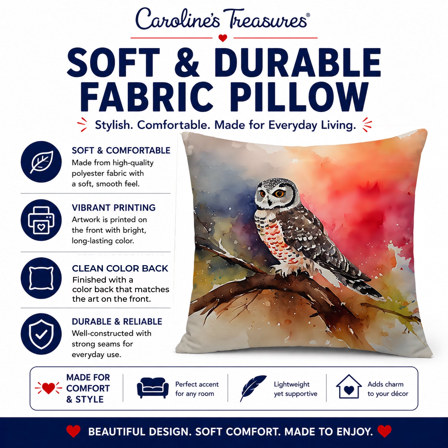 Northern Hawk Owl Perched Branch Decorative Throw Pillow 14x14 Indoor Outdoor Accent Cushion, Fabric Cover with Insert for Sofa, Bed, Porch & Living Room
