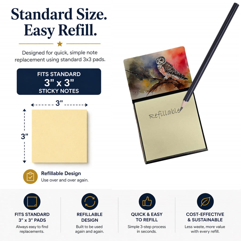 Northern Hawk Owl Perched Branch Watercolor Sticky Note Holder Refillable Dispenser Desk Accessory 3x3 Pad Gift