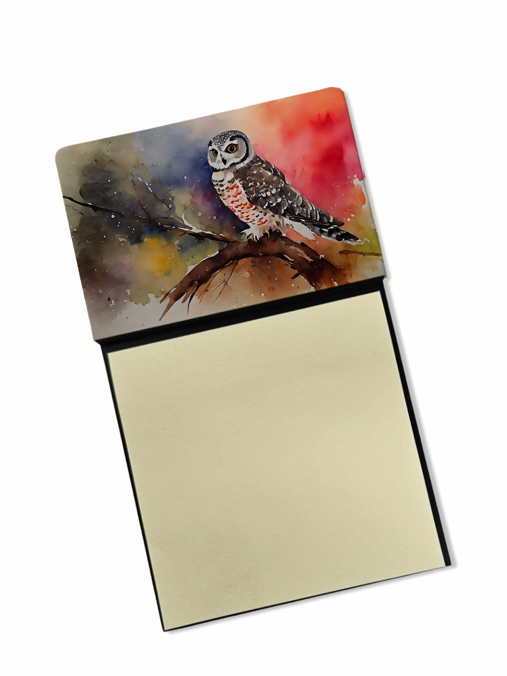 Northern Hawk Owl Perched Branch Watercolor Sticky Note Holder Refillable Dispenser Desk Accessory 3x3 Pad Gift