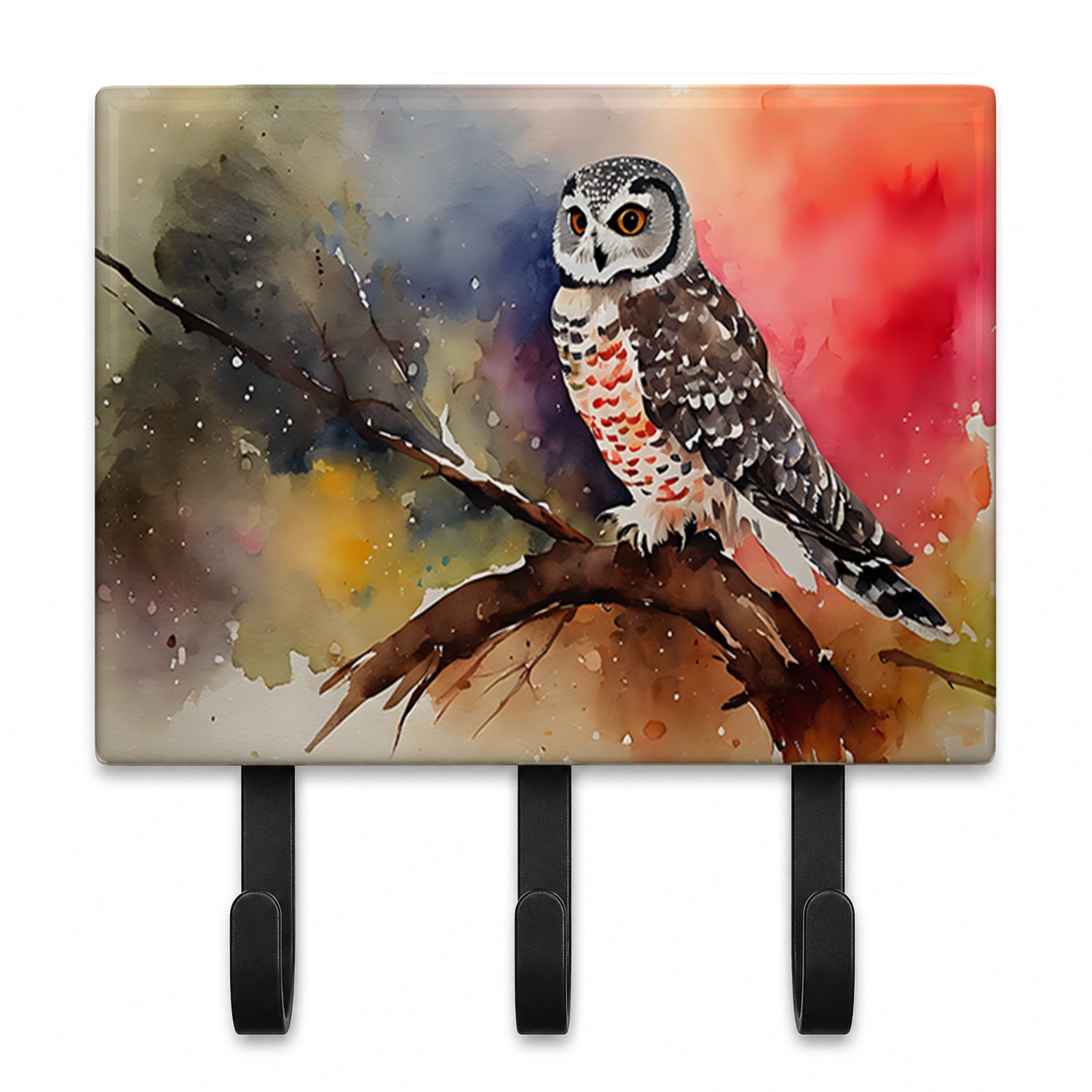 Northern Hawk Owl Perched Branch Leash or Key Holder Wall Hooks, Coat Rack Wall Mount, for Hanging Keys, Towels, Aprons, Leashes