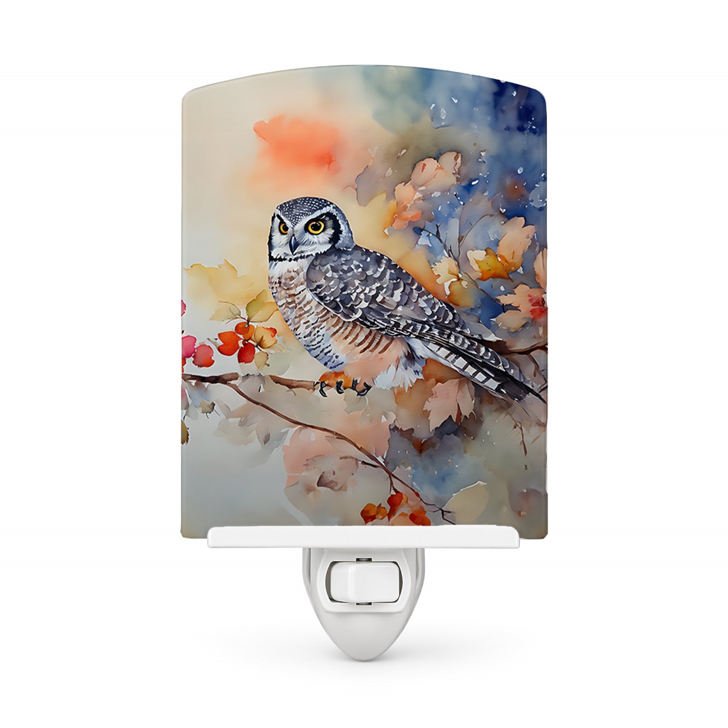 Northern Hawk Owl with Blossoms Ceramic Night Light Compact, UL-Certified, Ideal for Bedroom, Bathroom, Nursery, Hallway, Kitchen, 6x4x3, Multicolor