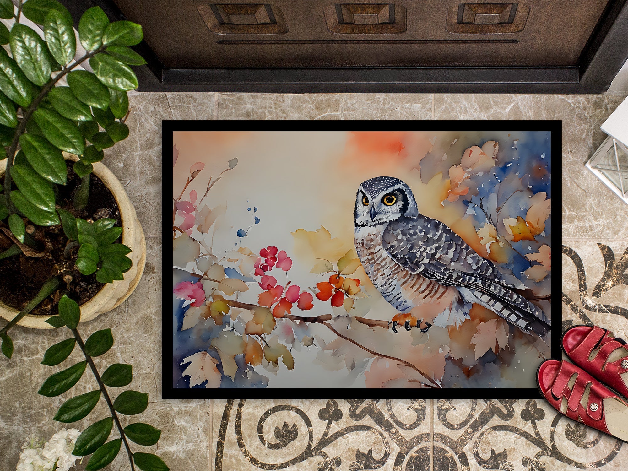 Northern Hawk Owl with Blossoms Doormat Indoor Outdoor 24H X 36W Front Door Mat Rugs for Entryway, Non Slip Washable Low Pile,