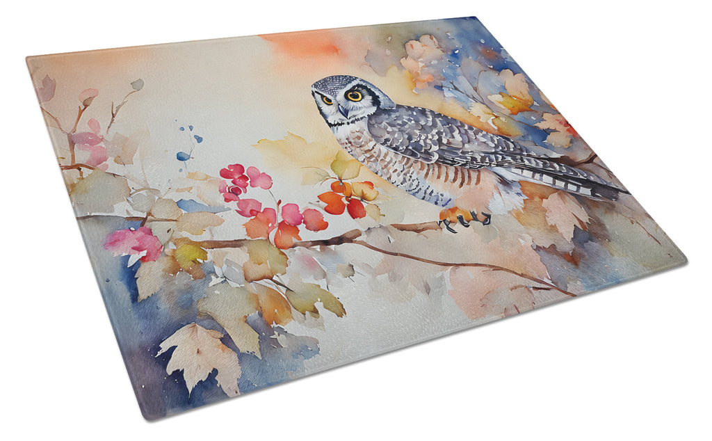 Northern Hawk Owl with Blossoms Cutting Board Tempered Glass Kitchen Cutting Surface, Heat Resistant Chopping, Non-Slip Feet, Food Prep & Serving