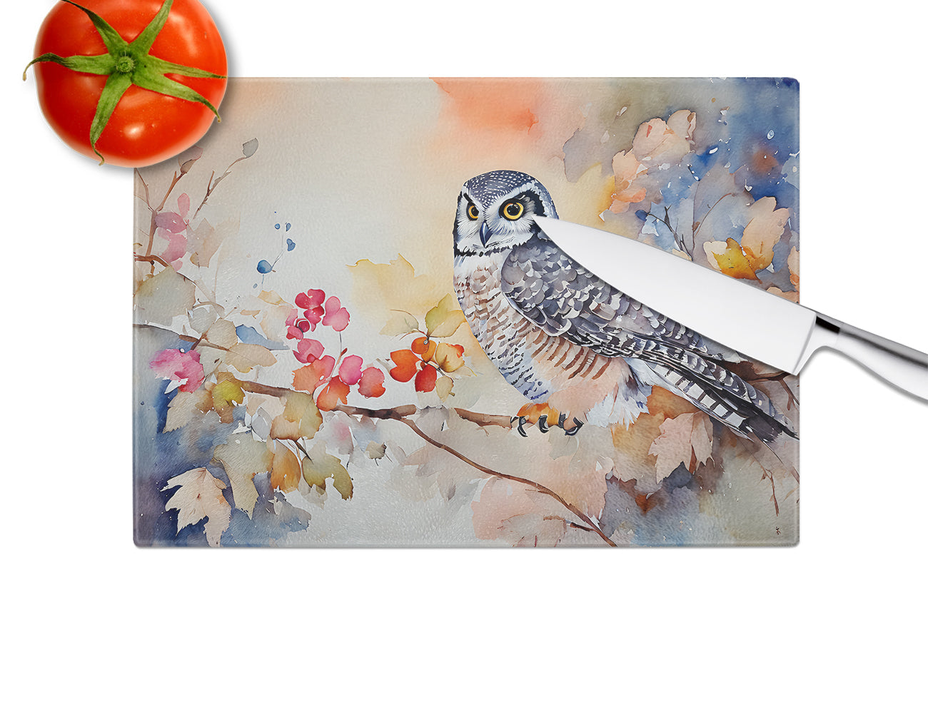 Northern Hawk Owl with Blossoms Cutting Board Tempered Glass Kitchen Cutting Surface, Heat Resistant Chopping, Non-Slip Feet, Food Prep & Serving
