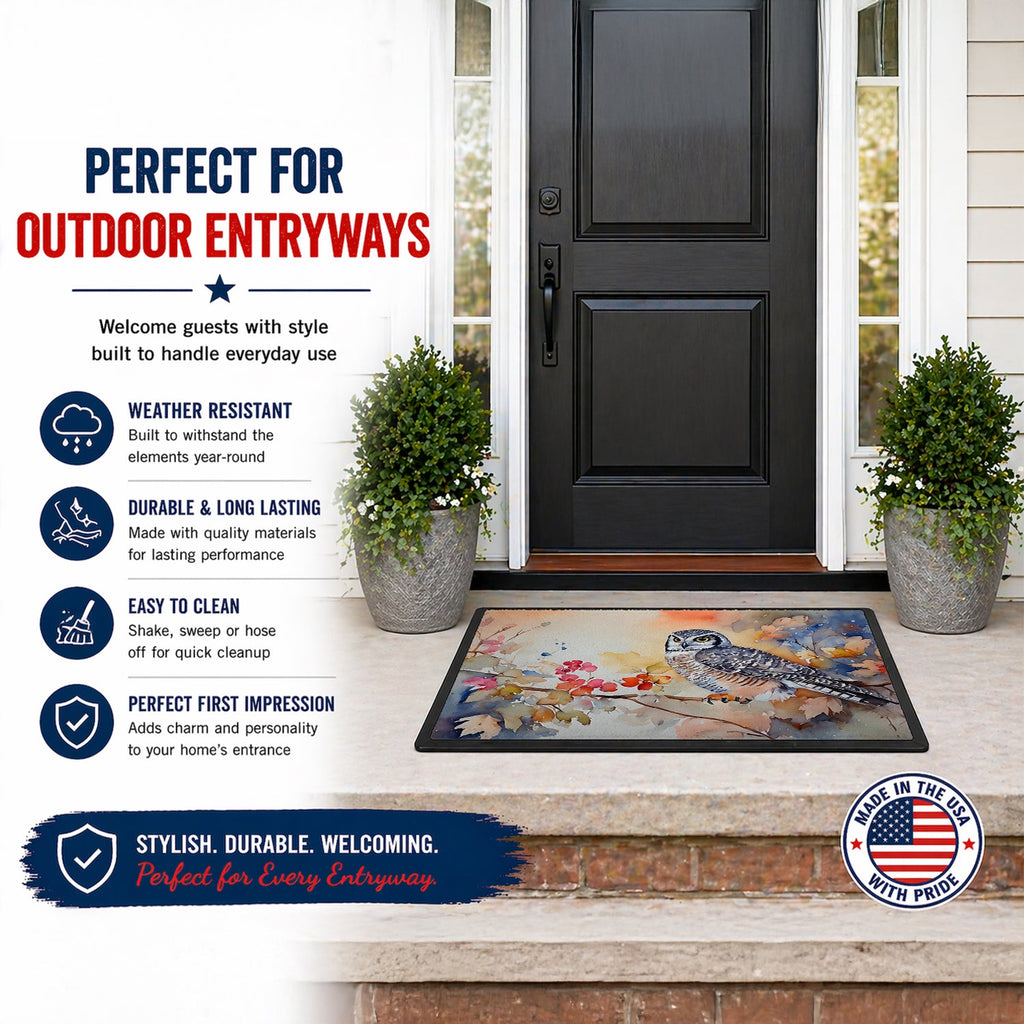 Northern Hawk Owl with Blossoms Doormat Indoor Outdoor 18H X 27W Front Door Mat Rugs for Entryway, Non Slip Washable