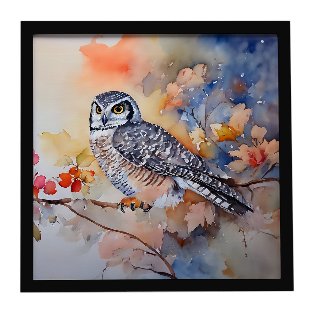 Northern Hawk Owl with Blossoms Framed Metal Print Bathroom, Kitchen, Office, Home Decor Wall Art Ready to Hang, Square, 8X8