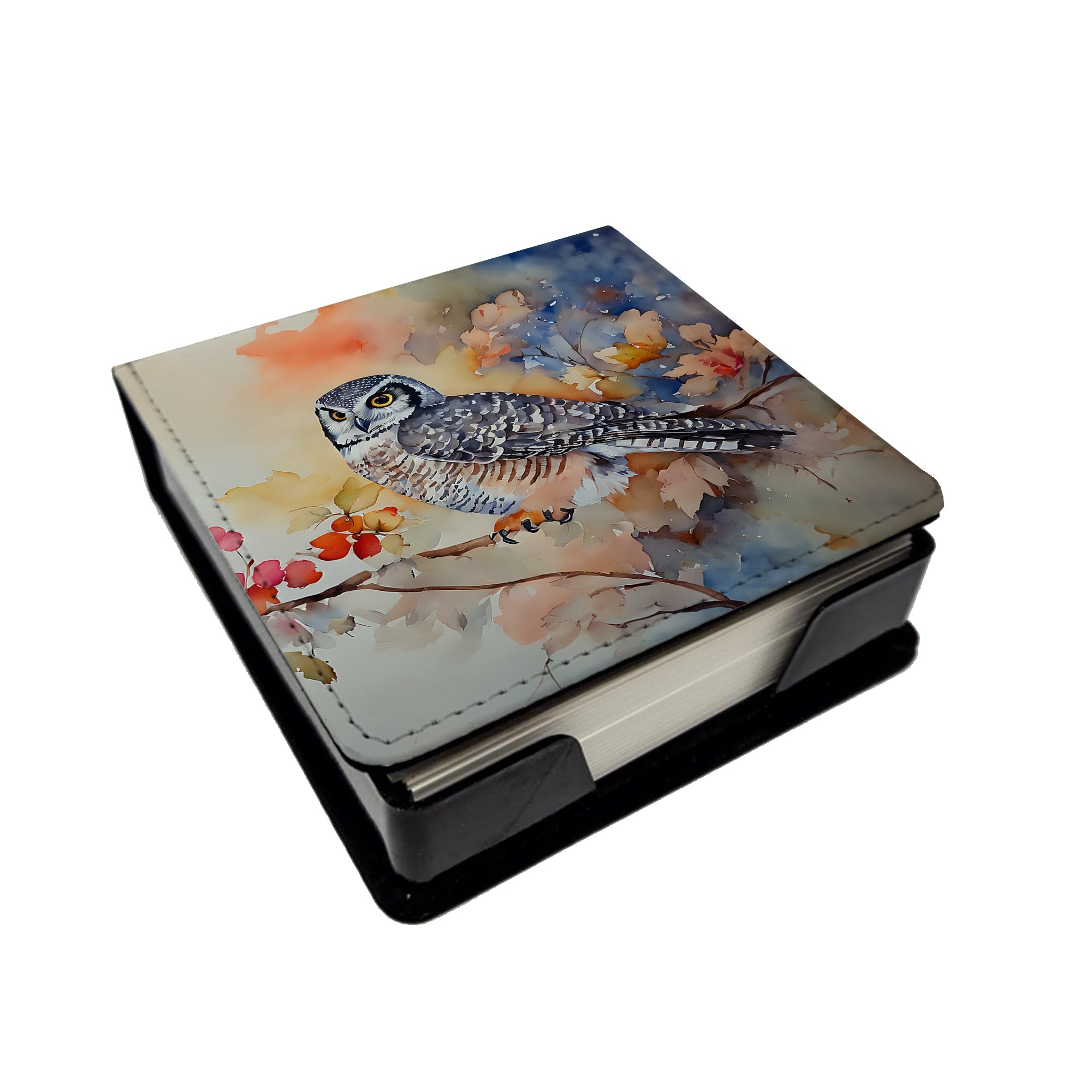 Northern Hawk Owl with Blossoms PU Leather Note Paper Holder with Artist-Designed Cover, Desk Accessory, Office Gift