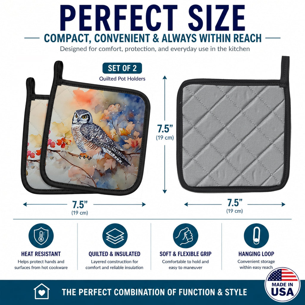 Northern Hawk Owl with Blossoms Pot Holder Set of 2 Heat Resistant Quilted Hot Pads 7.5 x 7.5 Inch, Insulated Kitchen Trivets for Cooking & Baking