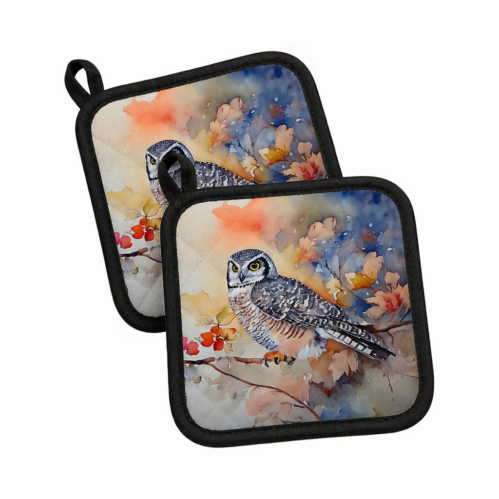 Northern Hawk Owl with Blossoms Pot Holder Set of 2 Heat Resistant Quilted Hot Pads 7.5 x 7.5 Inch, Insulated Kitchen Trivets for Cooking & Baking