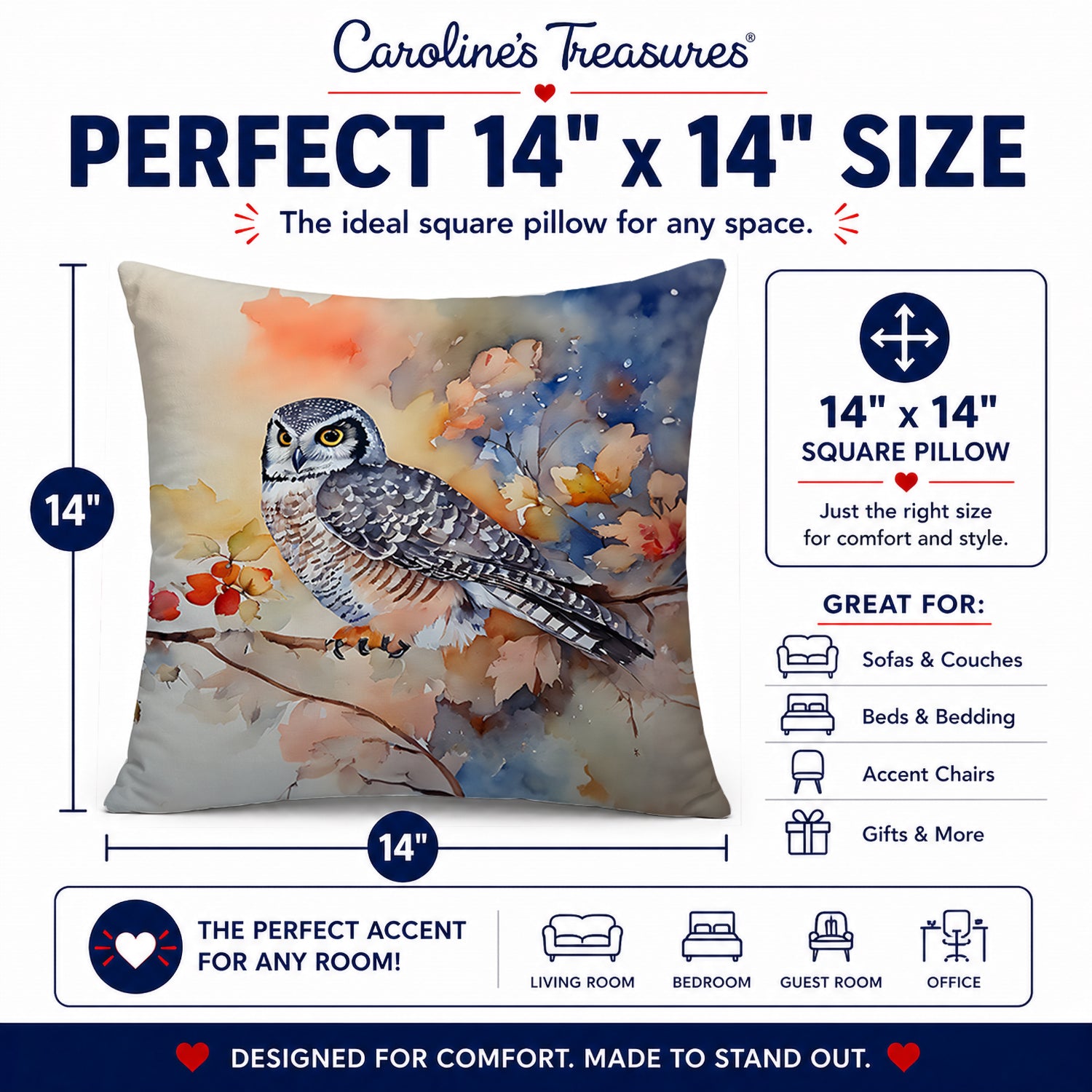 Northern Hawk Owl with Blossoms Decorative Throw Pillow 14x14 Indoor Outdoor Accent Cushion, Fabric Cover with Insert for Sofa, Bed, Porch & Living Room