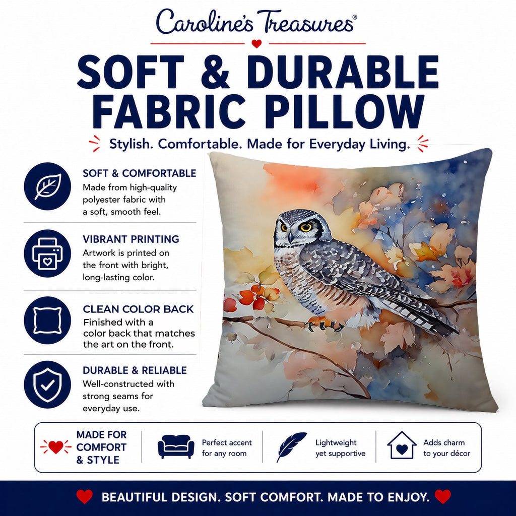 Northern Hawk Owl with Blossoms Decorative Throw Pillow 18x18 Indoor Outdoor Accent Cushion, Fabric Cover with Insert for Sofa, Bed, Porch & Living Room