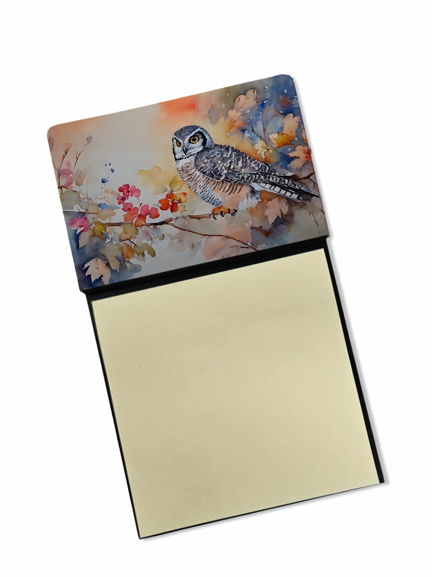 Northern Hawk Owl with Blossoms Watercolor Sticky Note Holder Refillable Dispenser Desk Accessory 3x3 Pad Gift