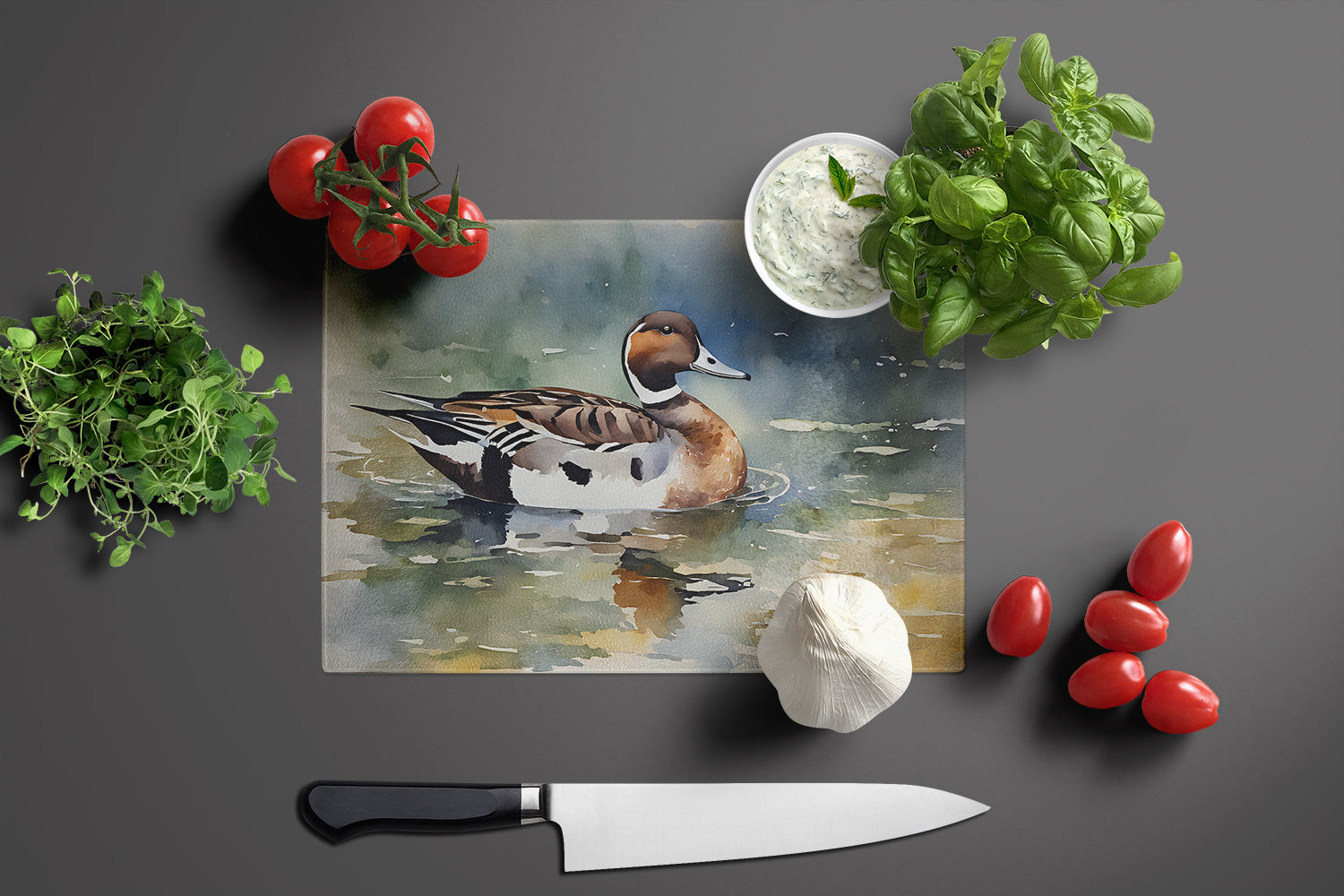 Northern Pintail Duck Swimming Cutting Board Tempered Glass Kitchen Cutting Surface, Heat Resistant Chopping, Non-Slip Feet, Food Prep & Serving