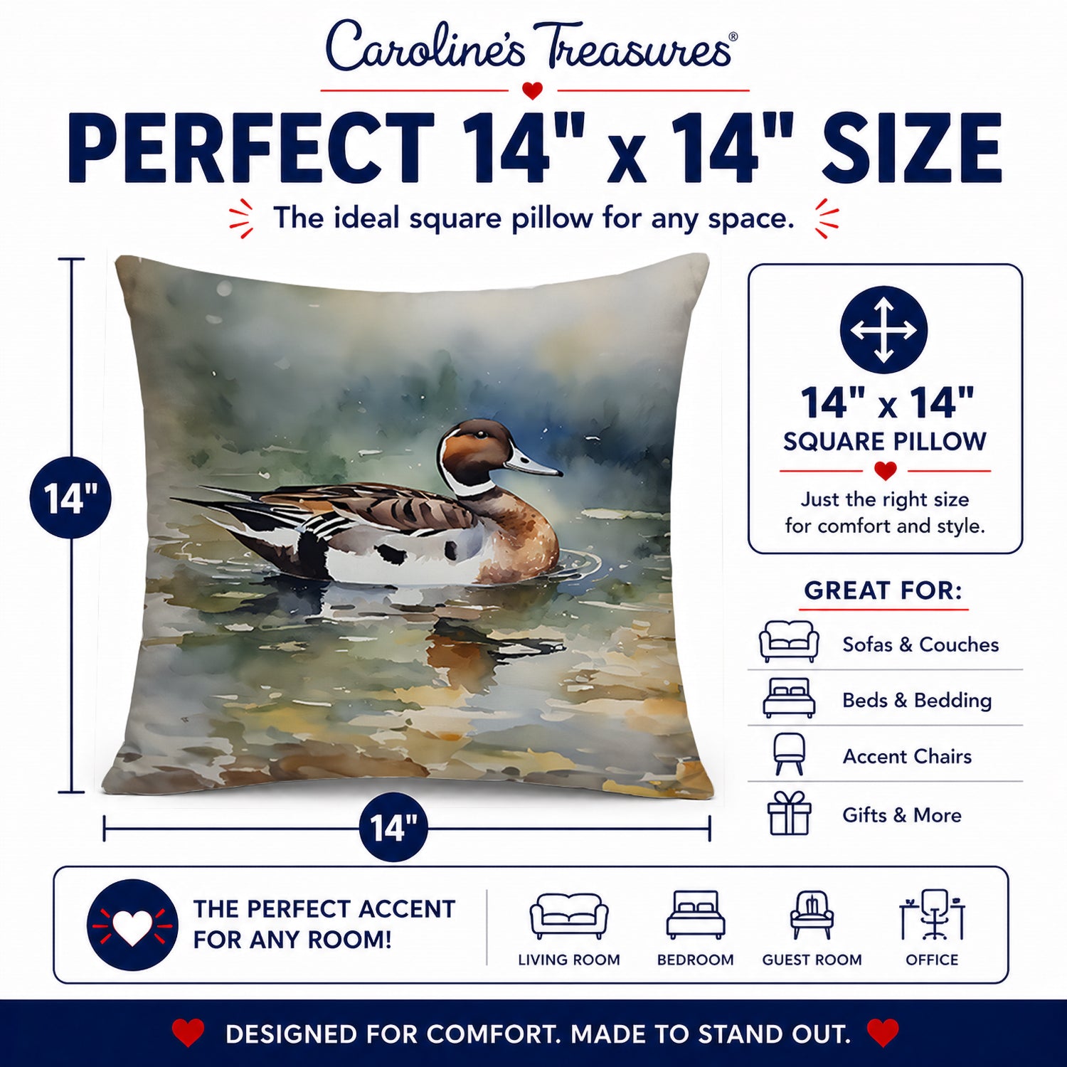 Northern Pintail Duck Swimming Decorative Throw Pillow 14x14 Indoor Outdoor Accent Cushion, Fabric Cover with Insert for Sofa, Bed, Porch & Living Room