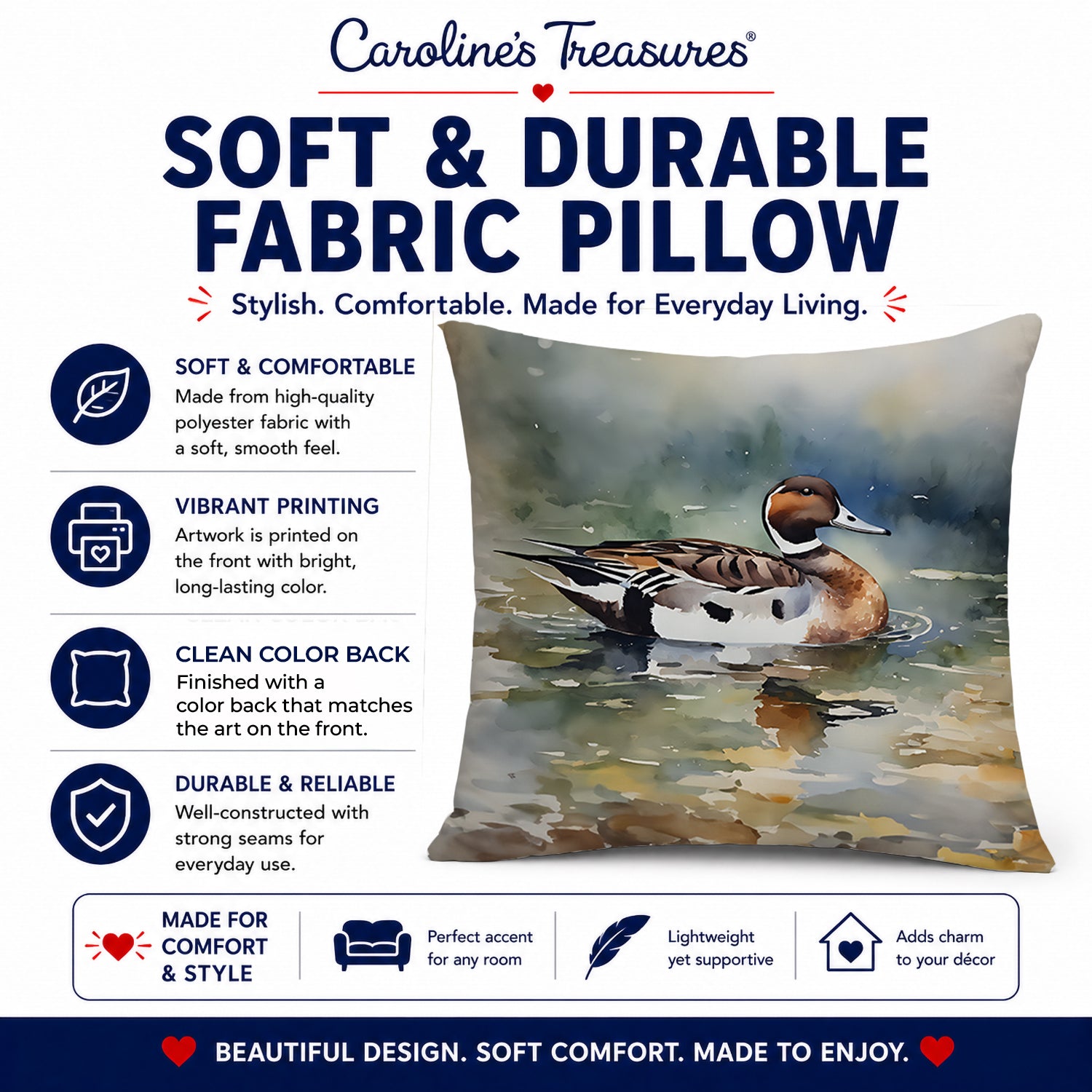 Northern Pintail Duck Swimming Decorative Throw Pillow 18x18 Indoor Outdoor Accent Cushion, Fabric Cover with Insert for Sofa, Bed, Porch & Living Room