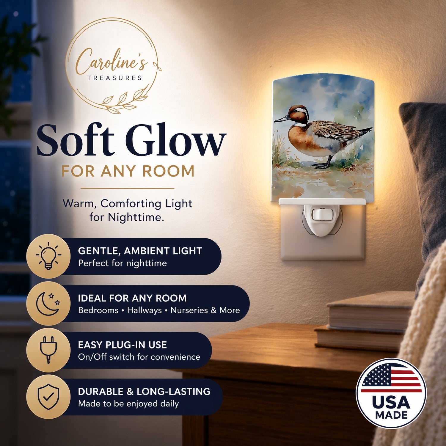 Northern Pintail Duck Standing Shore Ceramic Night Light Compact, UL-Certified, Ideal for Bedroom, Bathroom, Nursery, Hallway, Kitchen, 6x4x3, Multicolor
