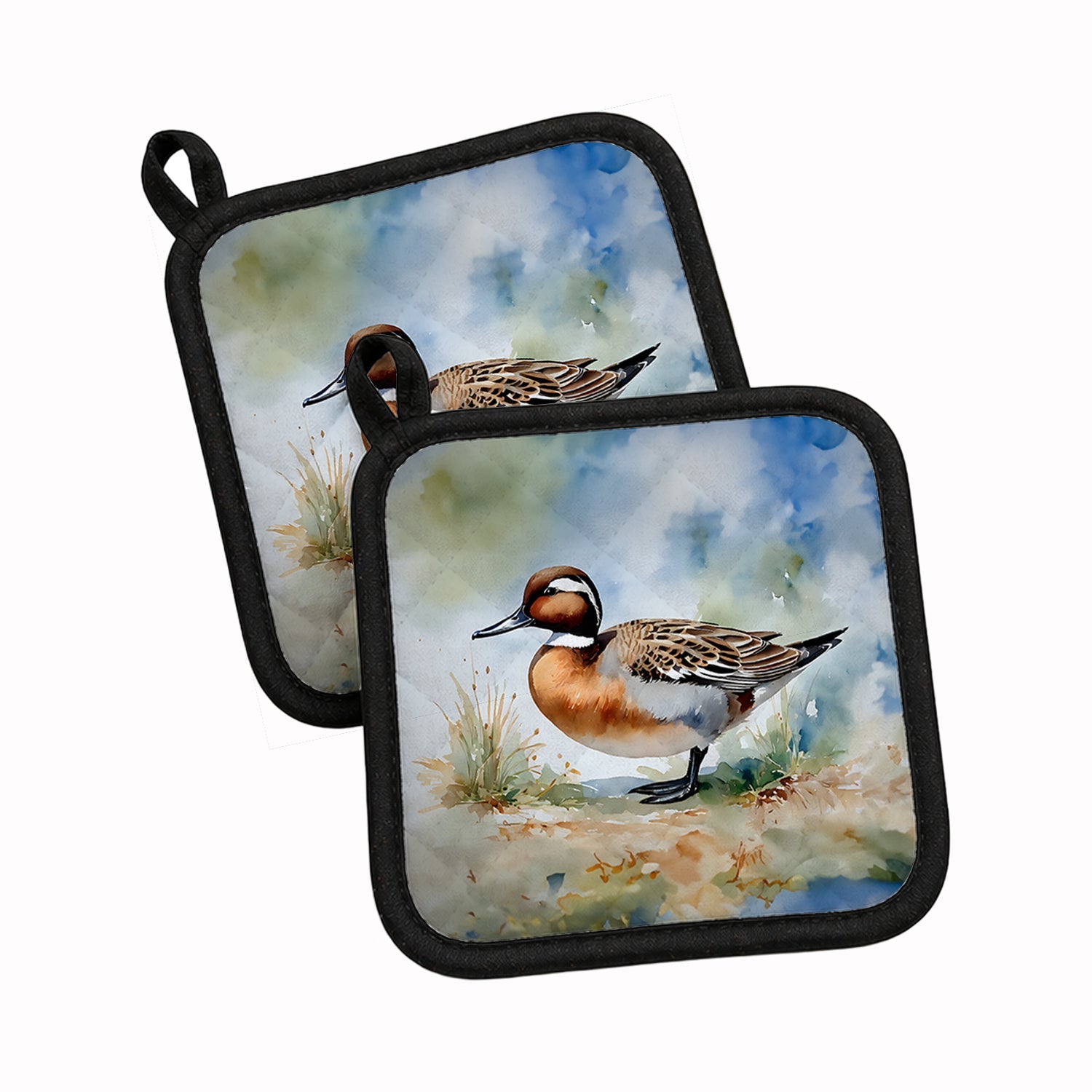 Northern Pintail Duck Standing Shore Pot Holder Set of 2 Heat Resistant Quilted Hot Pads 7.5 x 7.5 Inch, Insulated Kitchen Trivets for Cooking & Baking