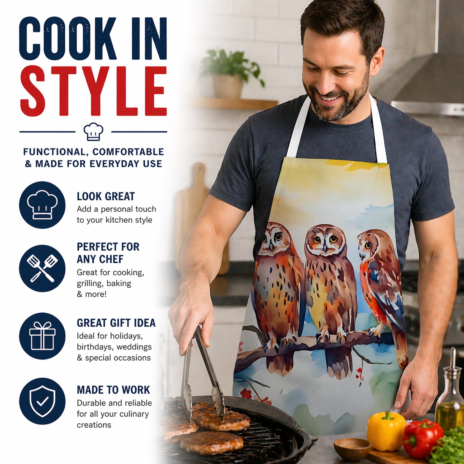 Three Owls Perched Branch Apron Cooking Kitchen Server Baking Crafts Gardening for Adult Women Men, Unisex, Large, Multicolor
