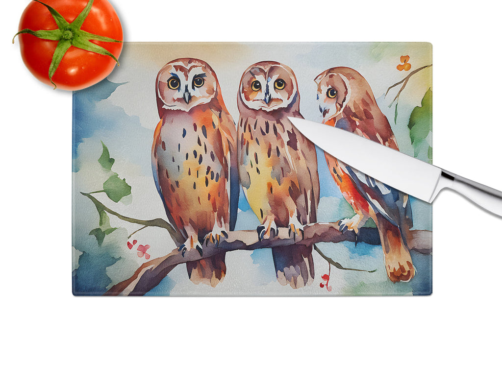 Three Owls Perched Branch Cutting Board Tempered Glass Kitchen Cutting Surface, Heat Resistant Chopping, Non-Slip Feet, Food Prep & Serving
