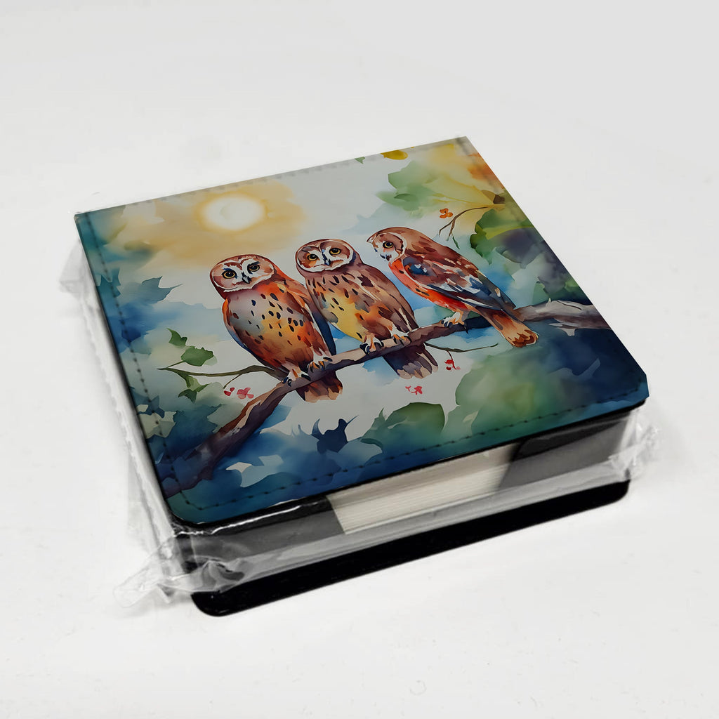 Three Owls Perched Branch PU Leather Note Paper Holder with Artist-Designed Cover, Desk Accessory, Office Gift