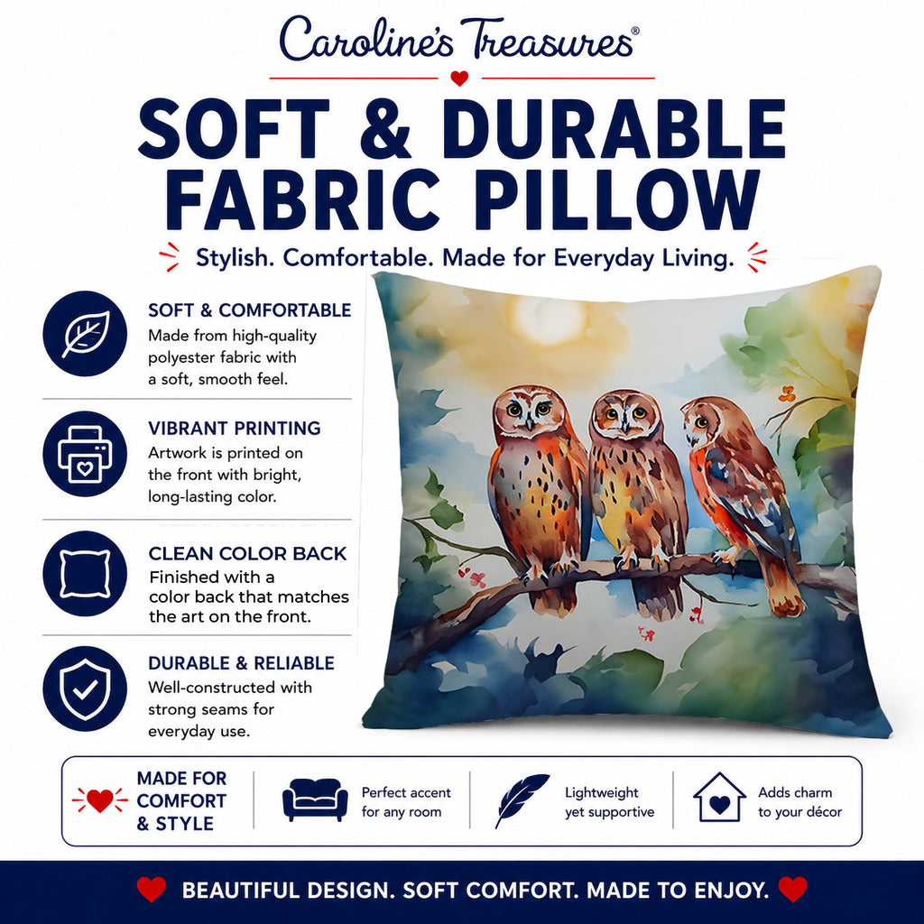 Three Owls Perched Branch Decorative Throw Pillow 18x18 Indoor Outdoor Accent Cushion, Fabric Cover with Insert for Sofa, Bed, Porch & Living Room