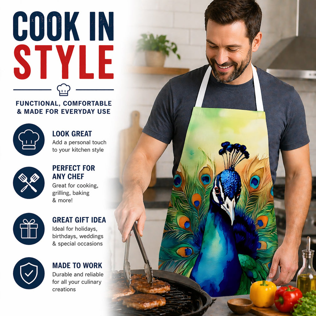 Peacock Displaying Feathers Apron Cooking Kitchen Server Baking Crafts Gardening for Adult Women Men, Unisex, Large, Multicolor