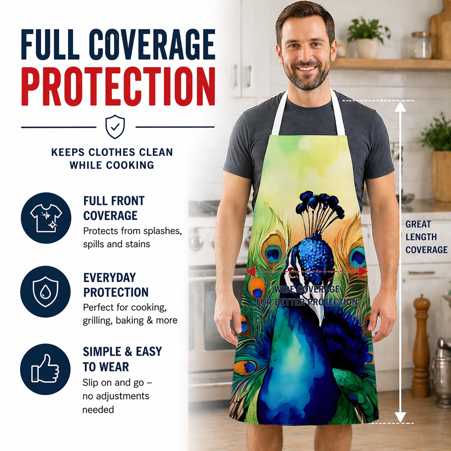 Peacock Displaying Feathers Apron Cooking Kitchen Server Baking Crafts Gardening for Adult Women Men, Unisex, Large, Multicolor