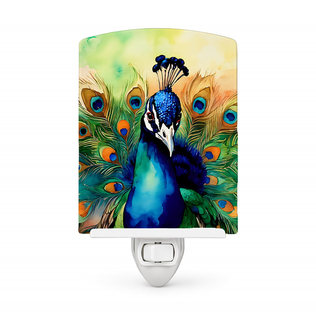 Peacock Displaying Feathers Ceramic Night Light Compact, UL-Certified, Ideal for Bedroom, Bathroom, Nursery, Hallway, Kitchen, 6x4x3, Multicolor