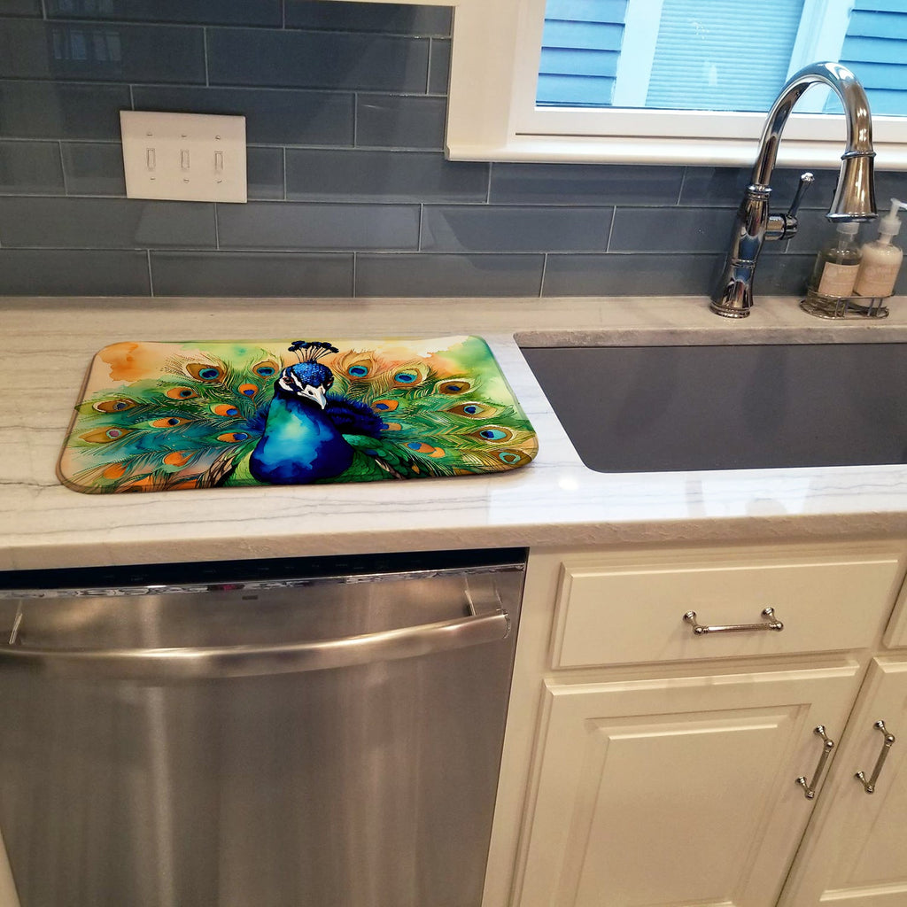 Peacock Displaying Feathers Dish Drying Mat Absorbent Dish Drying Mat Pad for Kitchen Counter Dish Drainer Mat for Countertop, 14 x 21", Multicolor