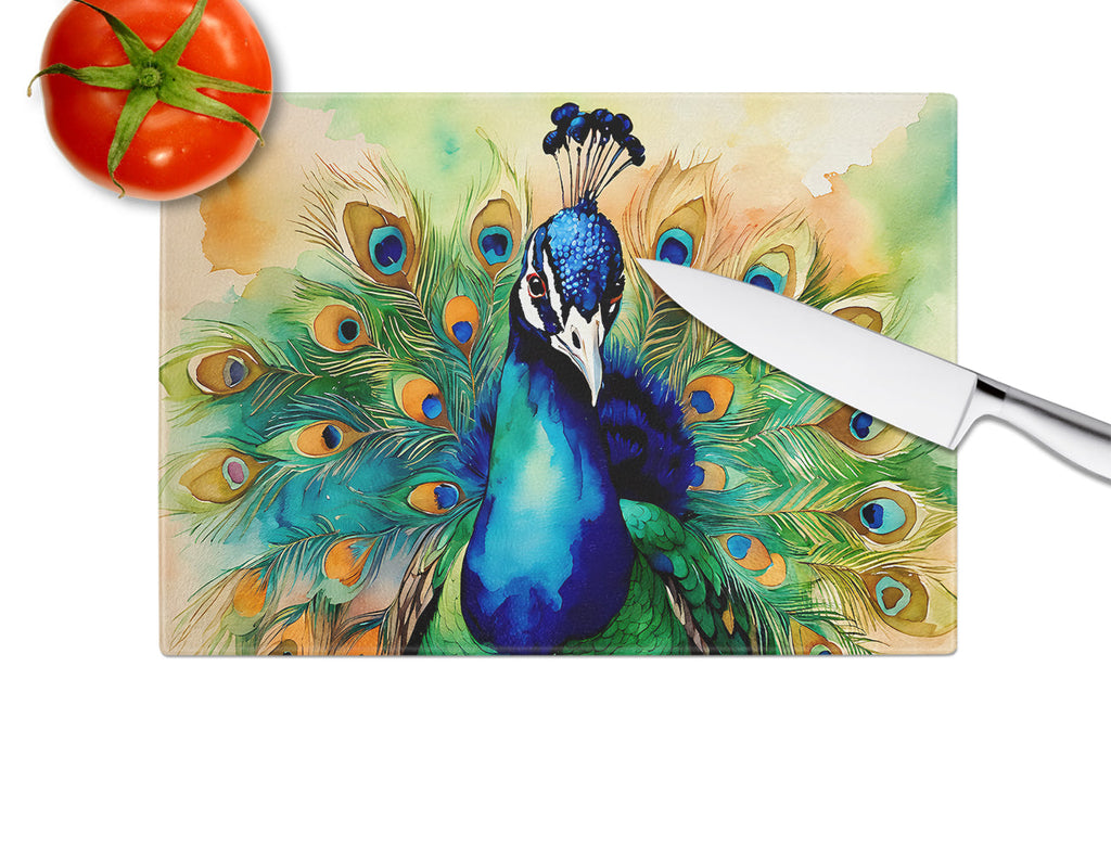 Peacock Displaying Feathers Cutting Board Tempered Glass Kitchen Cutting Surface, Heat Resistant Chopping, Non-Slip Feet, Food Prep & Serving