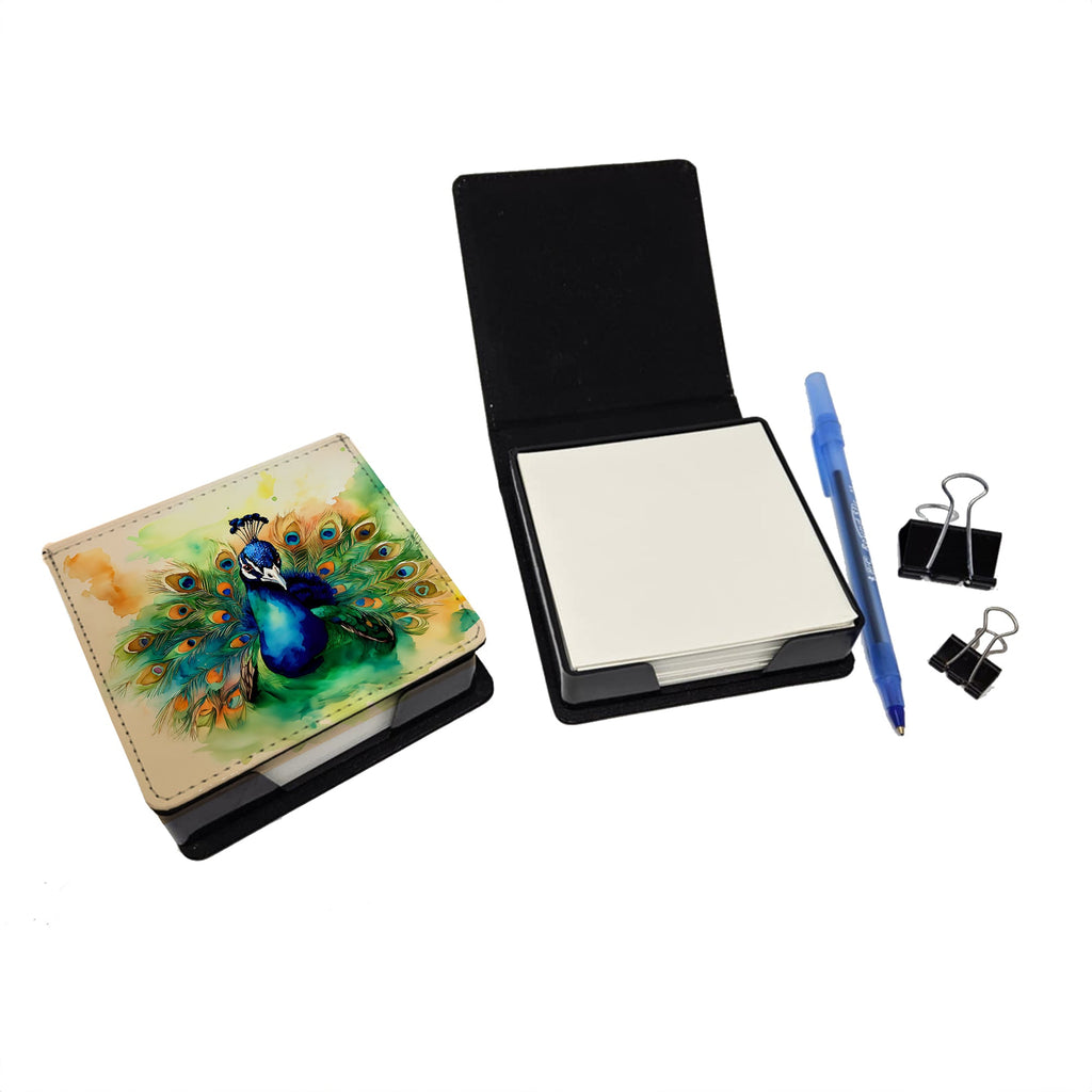 Peacock Displaying Feathers PU Leather Note Paper Holder with Artist-Designed Cover, Desk Accessory, Office Gift