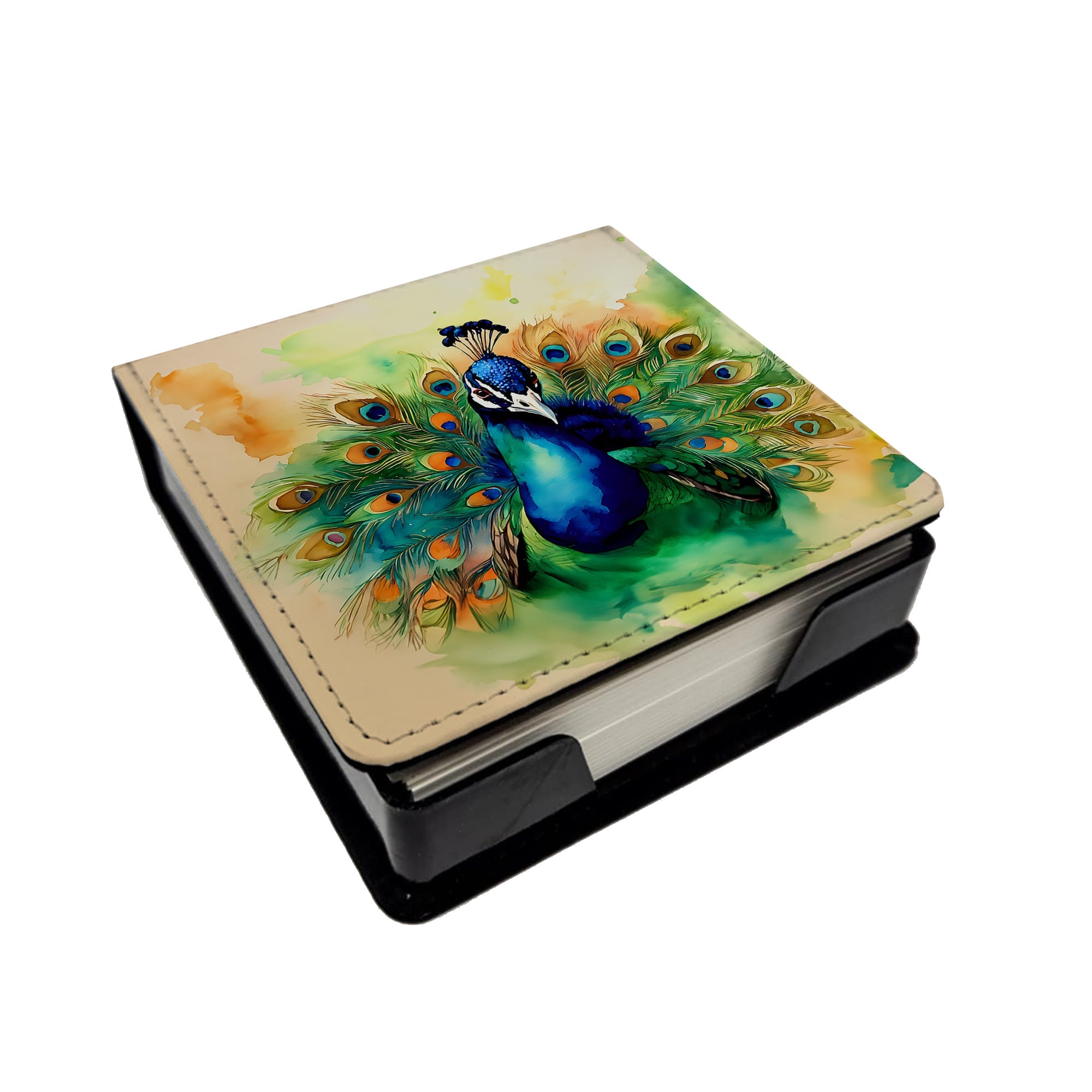 Peacock Displaying Feathers PU Leather Note Paper Holder with Artist-Designed Cover, Desk Accessory, Office Gift