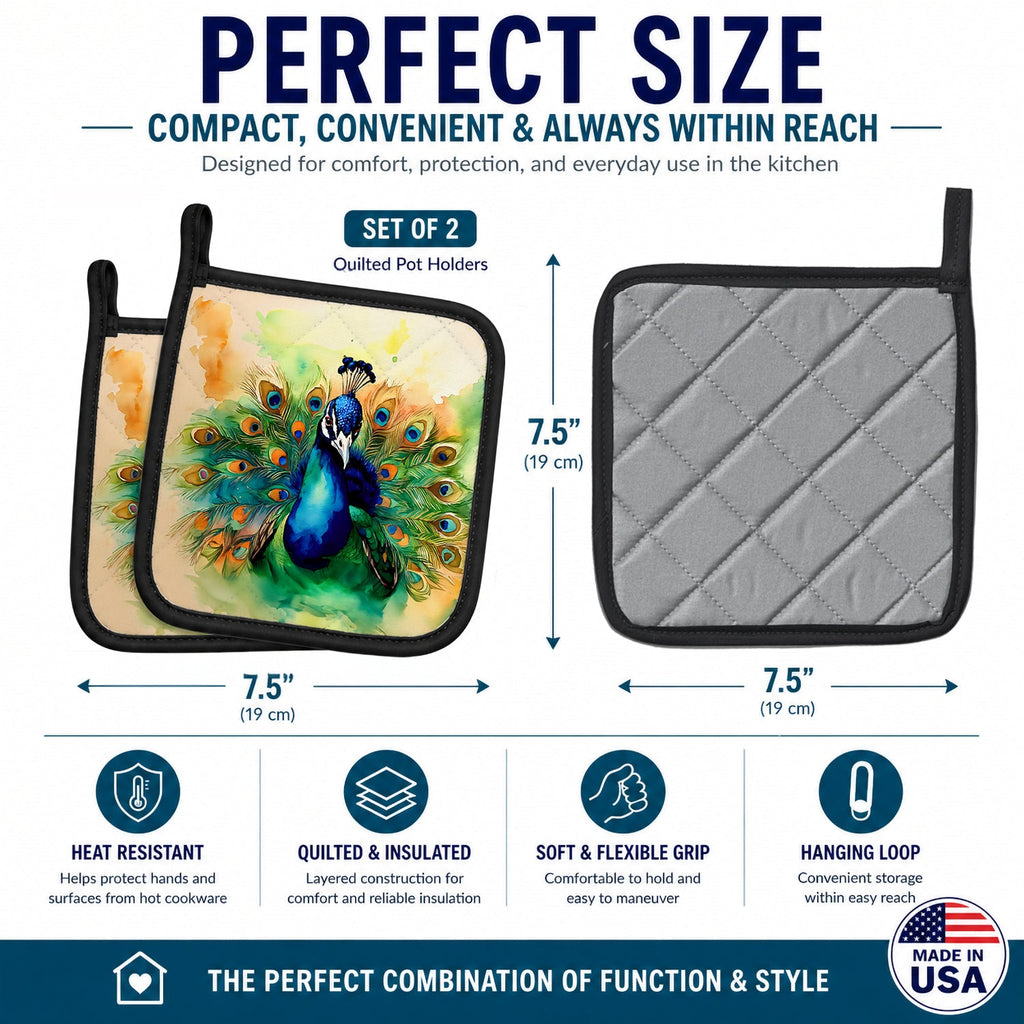 Peacock Displaying Feathers Pot Holder Set of 2 Heat Resistant Quilted Hot Pads 7.5 x 7.5 Inch, Insulated Kitchen Trivets for Cooking & Baking