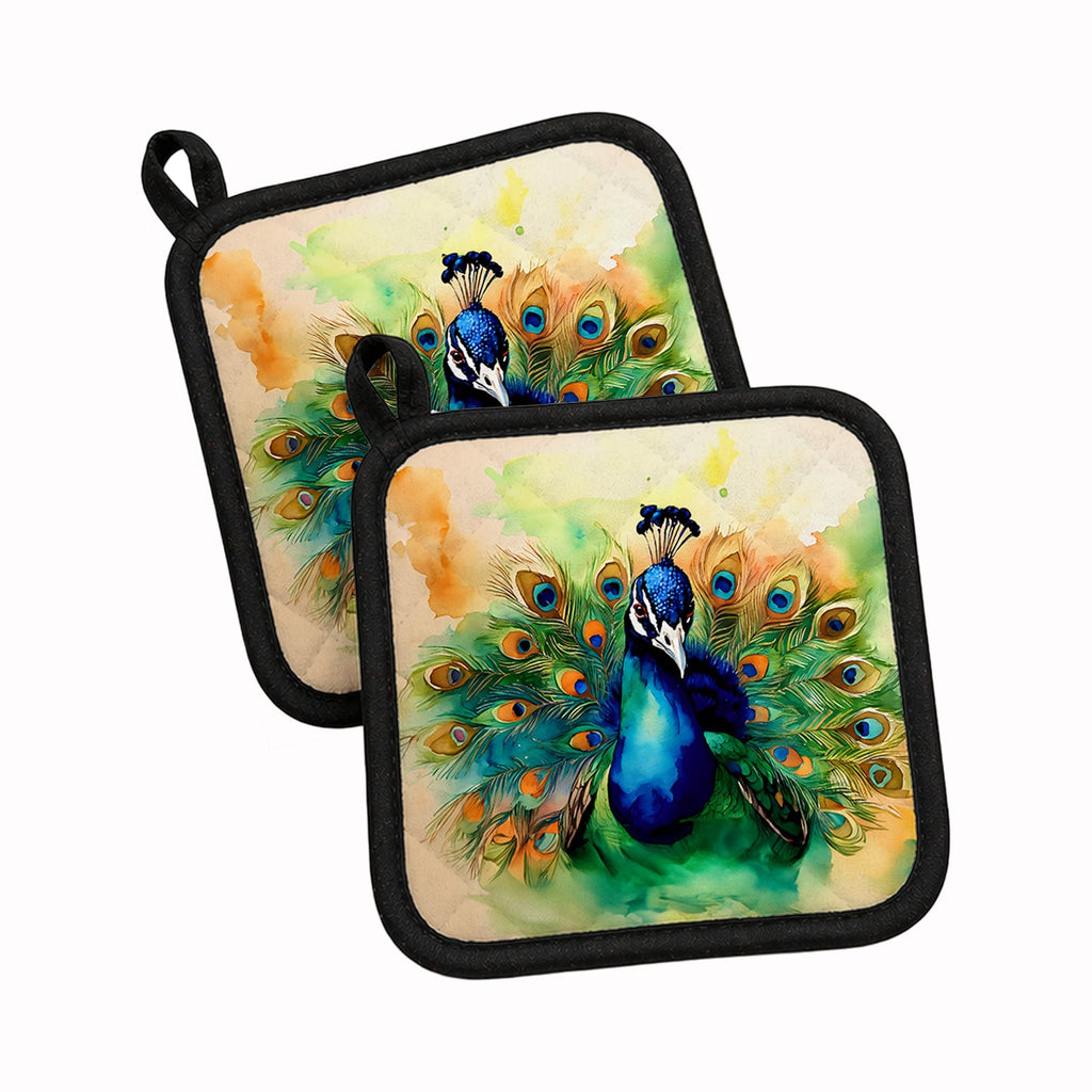 Peacock Displaying Feathers Pot Holder Set of 2 Heat Resistant Quilted Hot Pads 7.5 x 7.5 Inch, Insulated Kitchen Trivets for Cooking & Baking