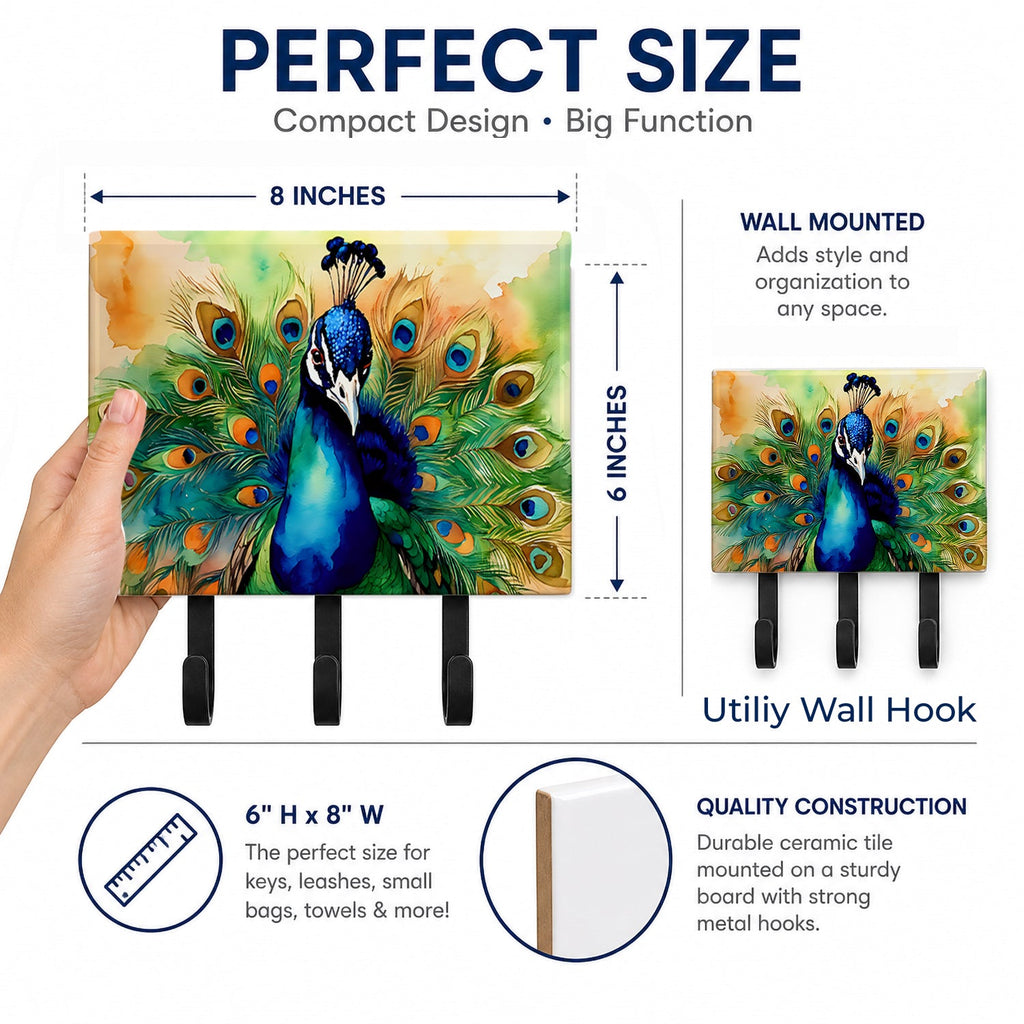 Peacock Displaying Feathers Leash or Key Holder Wall Hooks, Coat Rack Wall Mount, for Hanging Keys, Towels, Aprons, Leashes