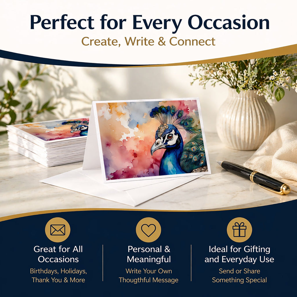Peacock Portrait Colorful Greeting Cards Pack of 8 Blank Cards with Envelopes Whimsical A7 Size 5x7