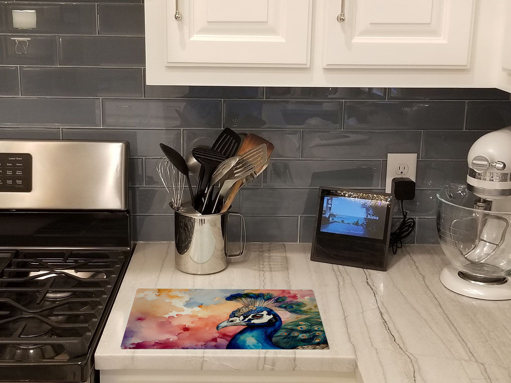 Peacock Portrait Colorful Cutting Board Tempered Glass Kitchen Cutting Surface, Heat Resistant Chopping, Non-Slip Feet, Food Prep & Serving