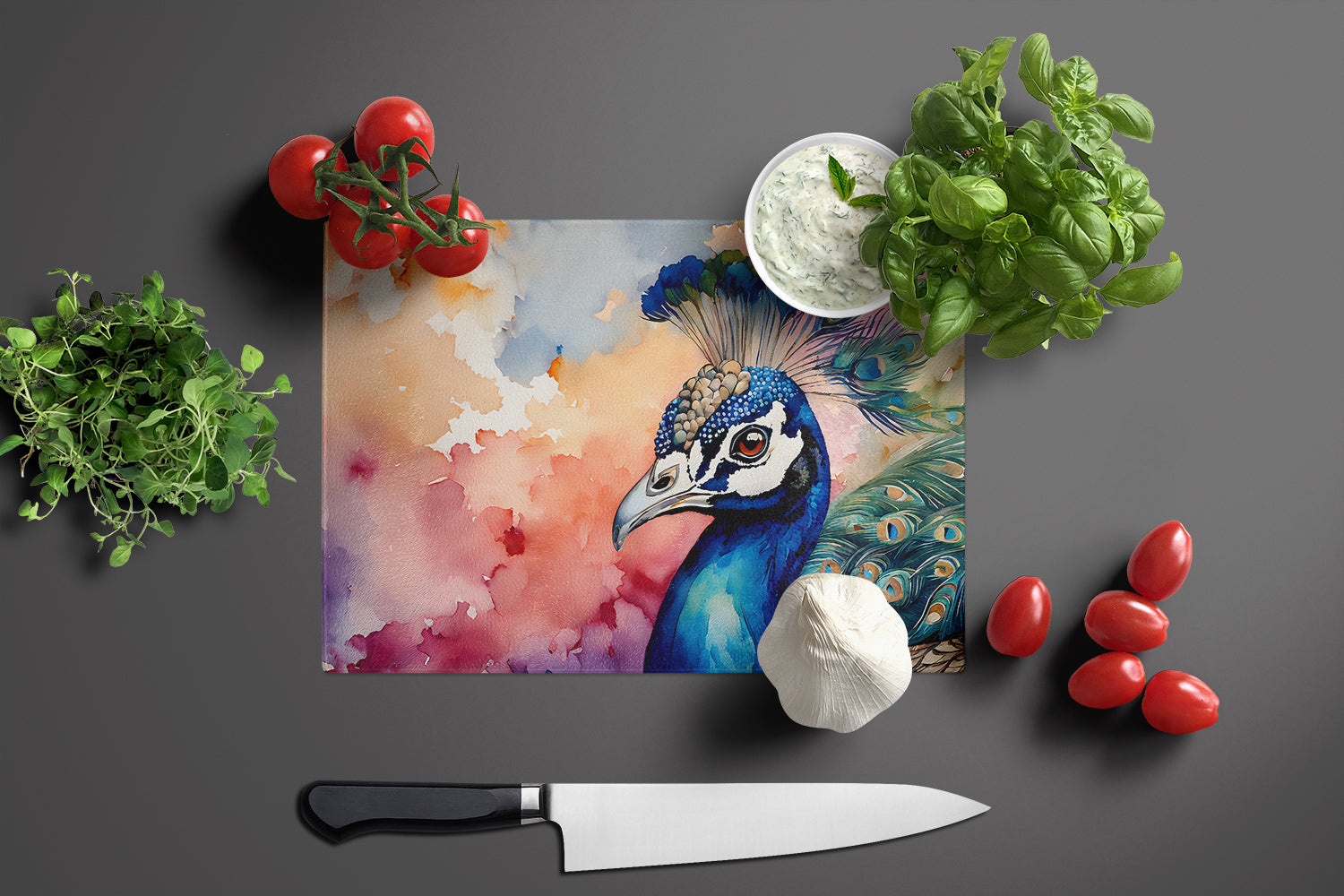 Peacock Portrait Colorful Cutting Board Tempered Glass Kitchen Cutting Surface, Heat Resistant Chopping, Non-Slip Feet, Food Prep & Serving