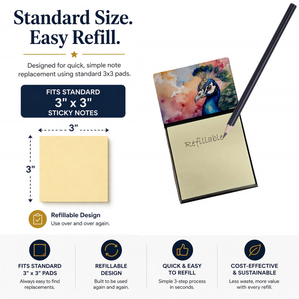 Peacock Portrait Colorful Watercolor Sticky Note Holder Refillable Dispenser Desk Accessory 3x3 Pad Gift