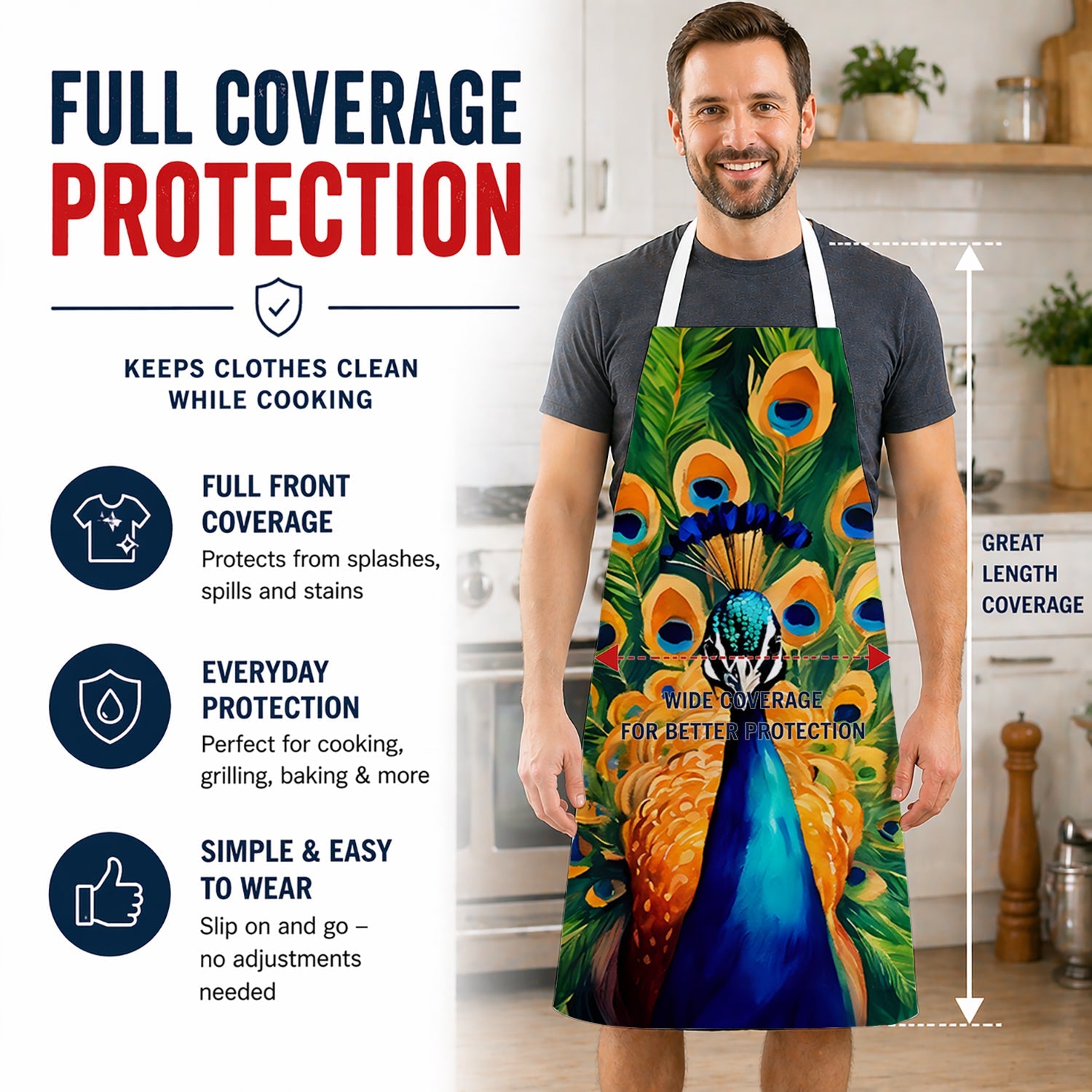 Peacock Full Feather Display Vibrant Apron Cooking Kitchen Server Baking Crafts Gardening for Adult Women Men, Unisex, Large, Multicolor