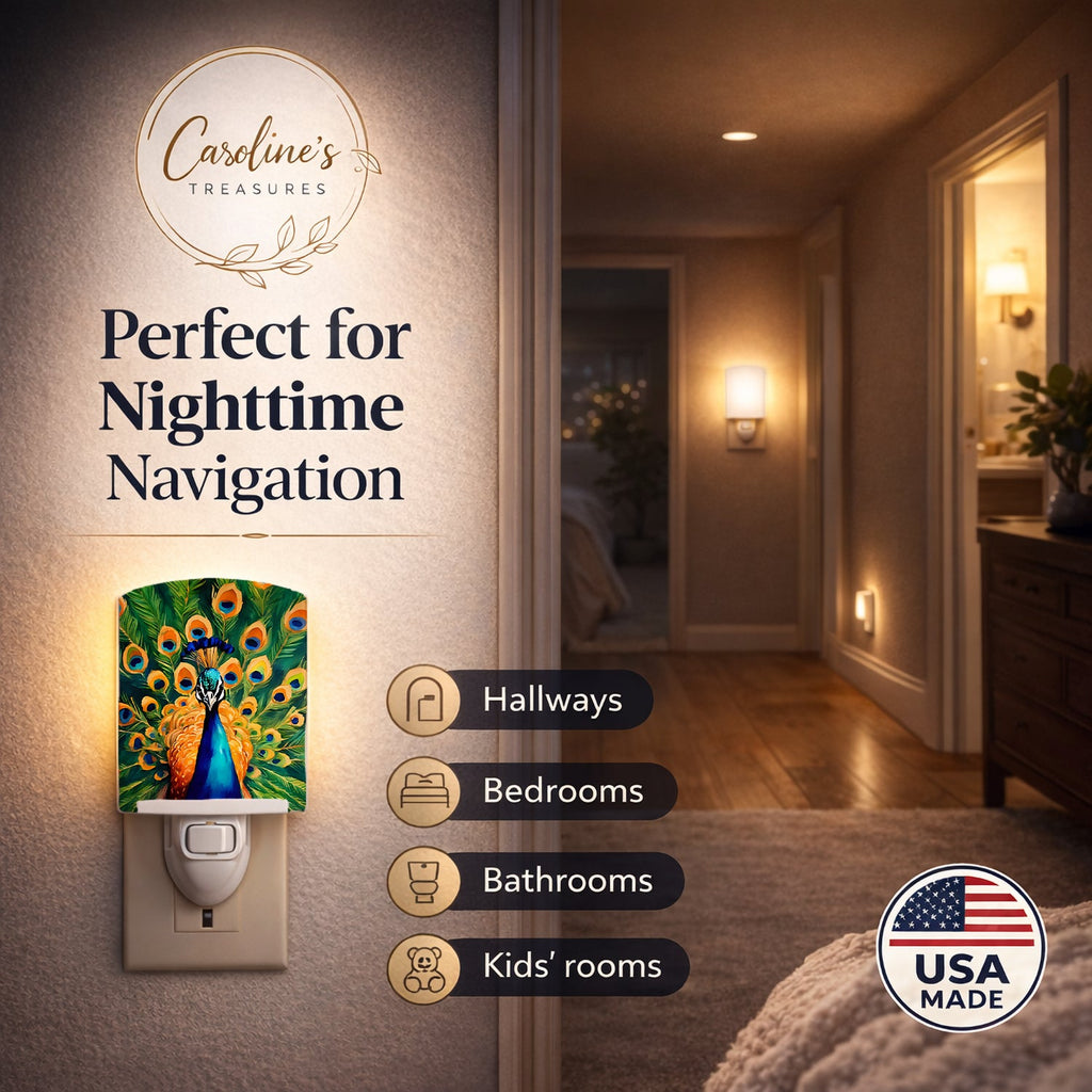 Peacock Full Feather Display Vibrant Ceramic Night Light Compact, UL-Certified, Ideal for Bedroom, Bathroom, Nursery, Hallway, Kitchen, 6x4x3, Multicolor