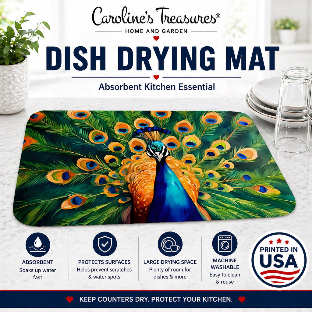 Peacock Full Feather Display Vibrant Dish Drying Mat Absorbent Dish Drying Mat Pad for Kitchen Counter Dish Drainer Mat for Countertop, 14 x 21", Multicolor