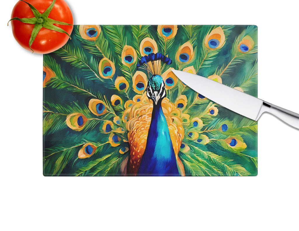 Peacock Full Feather Display Vibrant Cutting Board Tempered Glass Kitchen Cutting Surface, Heat Resistant Chopping, Non-Slip Feet, Food Prep & Serving