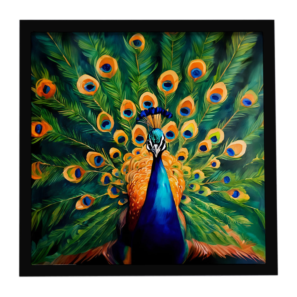 Peacock Full Feather Display Vibrant Framed Metal Print Bathroom, Kitchen, Office, Home Decor Wall Art Ready to Hang, Square, 8X8