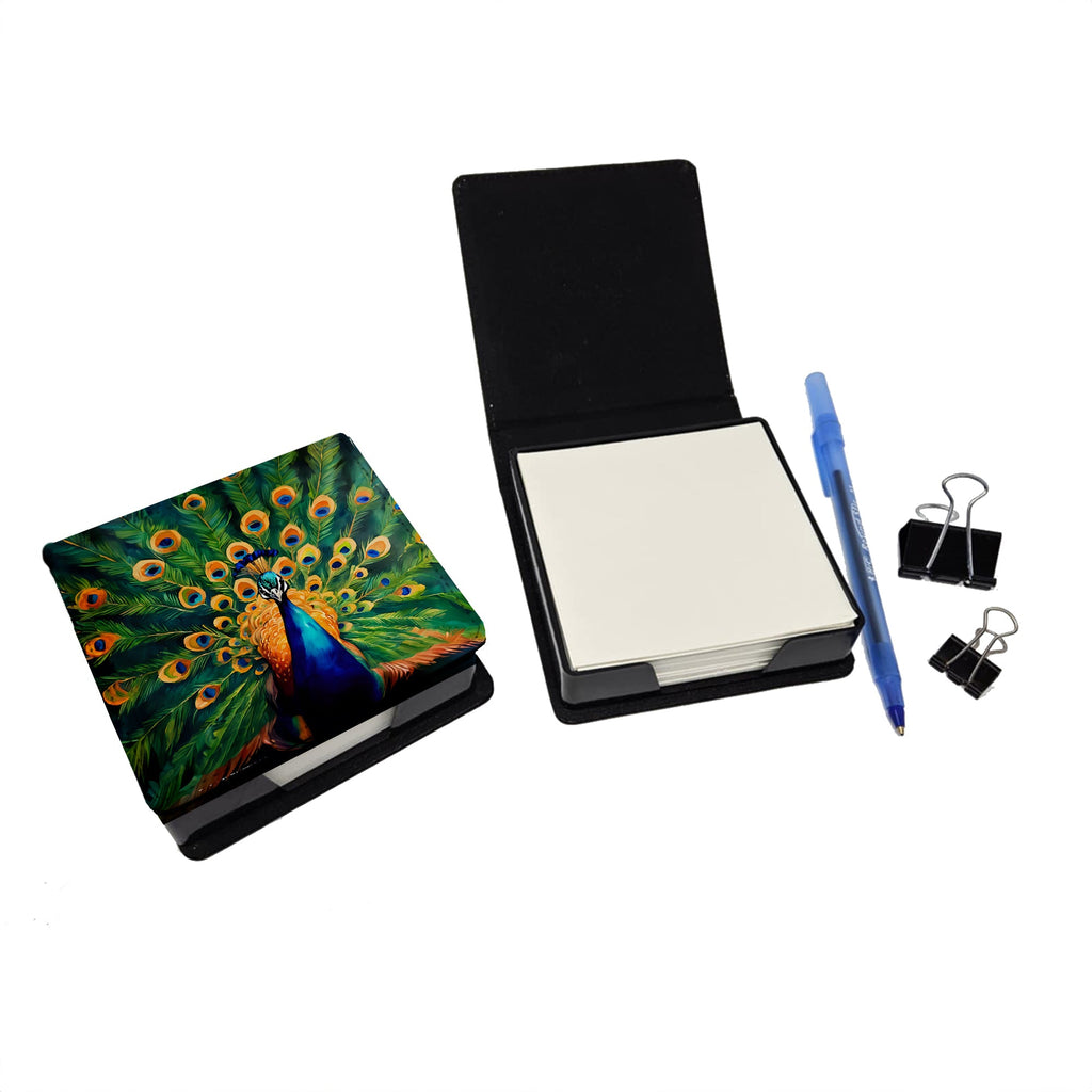 Peacock Full Feather Display Vibrant PU Leather Note Paper Holder with Artist-Designed Cover, Desk Accessory, Office Gift