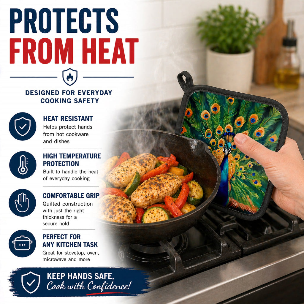 Peacock Full Feather Display Vibrant Pot Holder Set of 2 Heat Resistant Quilted Hot Pads 7.5 x 7.5 Inch, Insulated Kitchen Trivets for Cooking & Baking