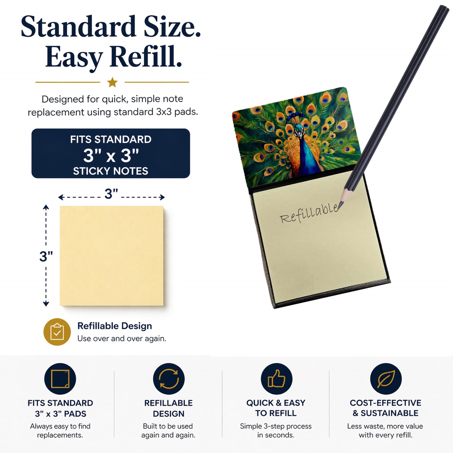 Peacock Full Feather Display Vibrant Watercolor Sticky Note Holder Refillable Dispenser Desk Accessory 3x3 Pad Gift
