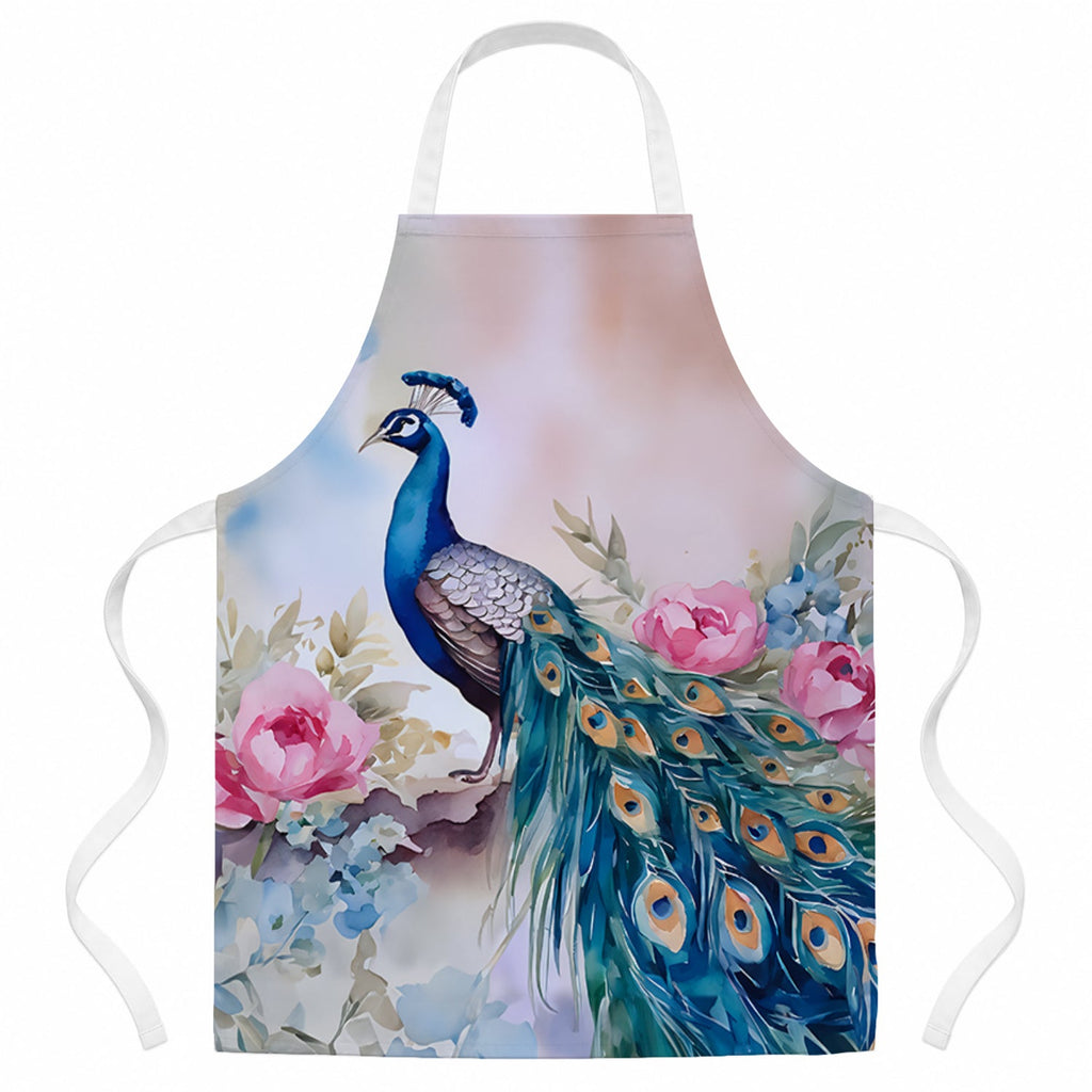 Peacock with Pink Flowers Elegant Apron Cooking Kitchen Server Baking Crafts Gardening for Adult Women Men, Unisex, Large, Multicolor