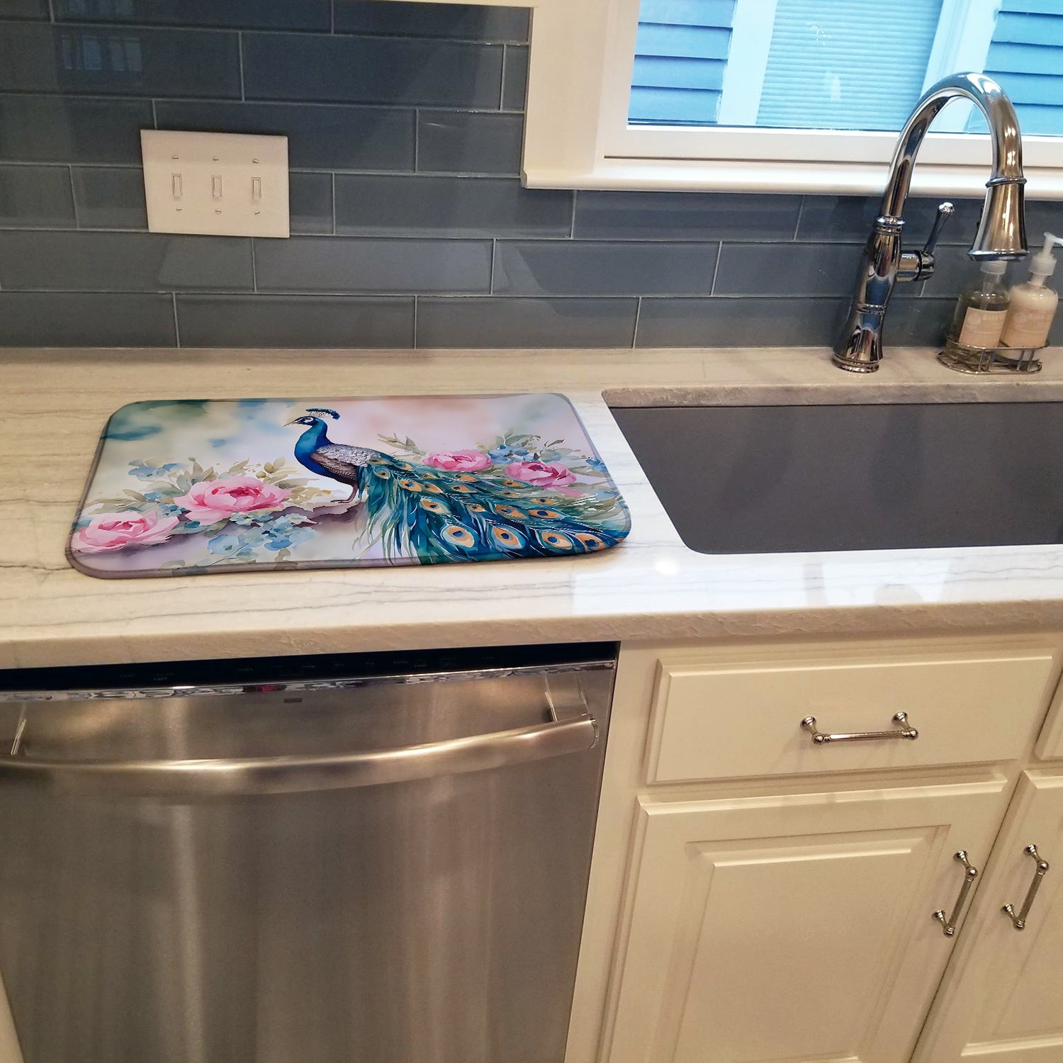 Peacock with Pink Flowers Elegant Dish Drying Mat Absorbent Dish Drying Mat Pad for Kitchen Counter Dish Drainer Mat for Countertop, 14 x 21", Multicolor