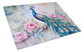 Peacock with Pink Flowers Elegant Cutting Board Tempered Glass Kitchen Cutting Surface, Heat Resistant Chopping, Non-Slip Feet, Food Prep & Serving